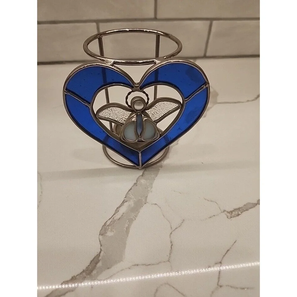 Vintage Stained Glass Tealight Holder Blue Candle Holder Angel Christmas Design‎